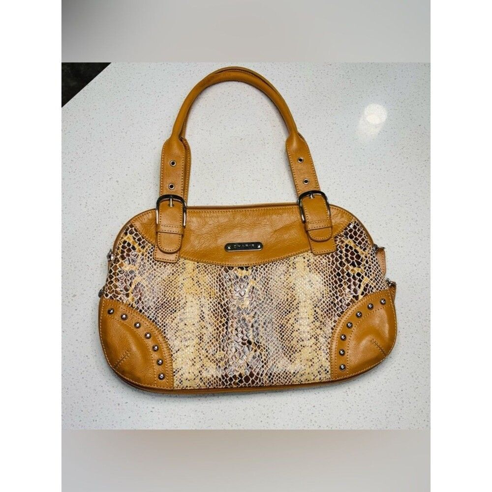 Sharif Studio Tan Snakeskin Embossed Satchel Studded Handbag Medium EUC - Picture 11 of 12